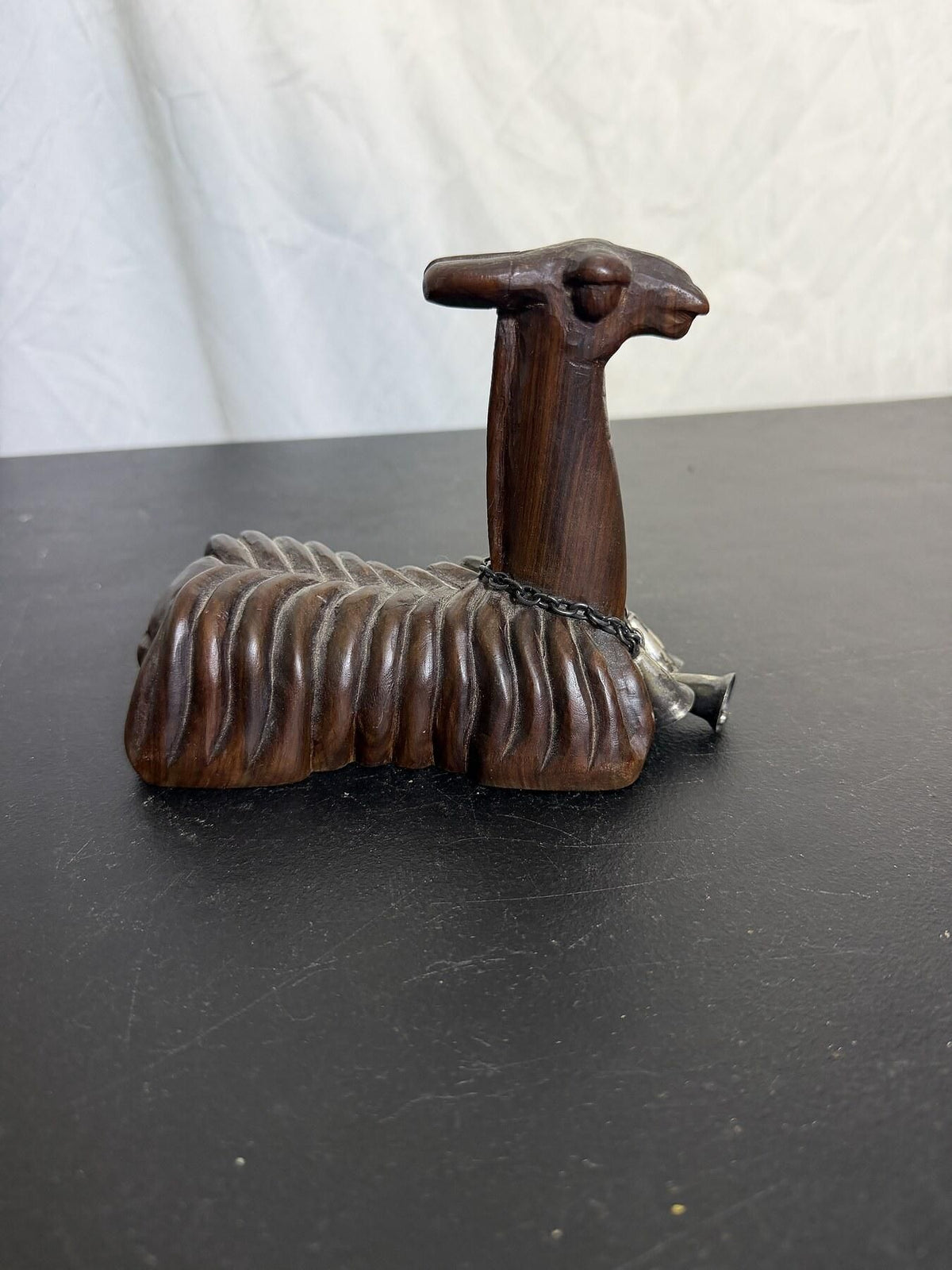 Carved Wood Llama Alpaca Animal Figure With Chain Detail - Wormhole Thrift
