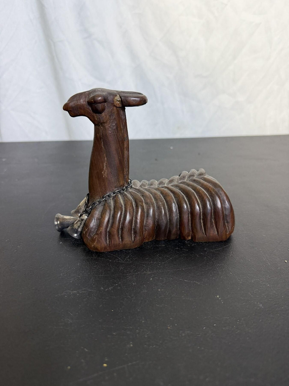Carved Wood Llama Alpaca Animal Figure With Chain Detail - Wormhole Thrift