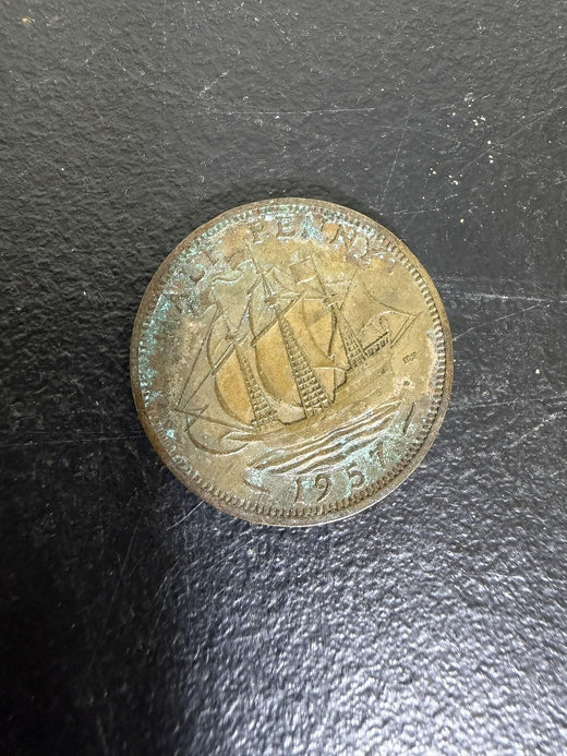 British Great Britain 1957 Penny Coin Sailing Ship Queen Elizabeth II - Wormhole Thrift