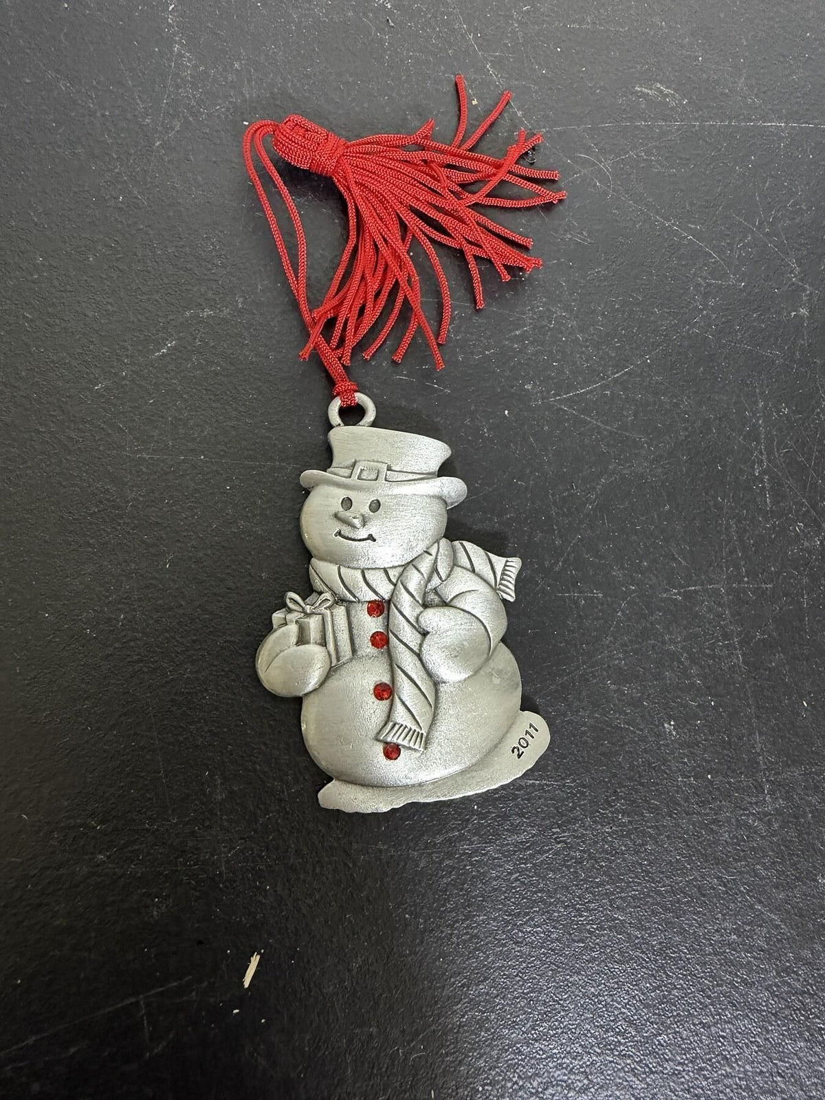 AVON 2011 Snowman Christmas Ornament Pewter Tone Red Tassel - Wormhole Thrift