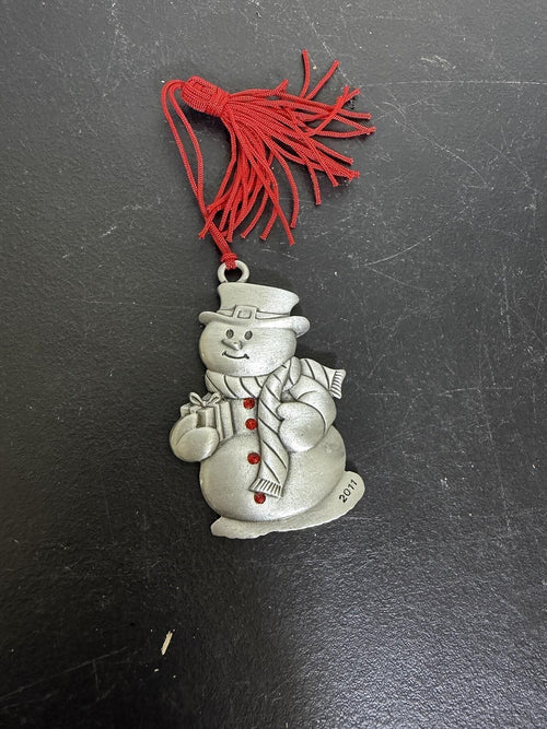 AVON 2011 Snowman Christmas Ornament Pewter Tone Red Tassel - Wormhole Thrift