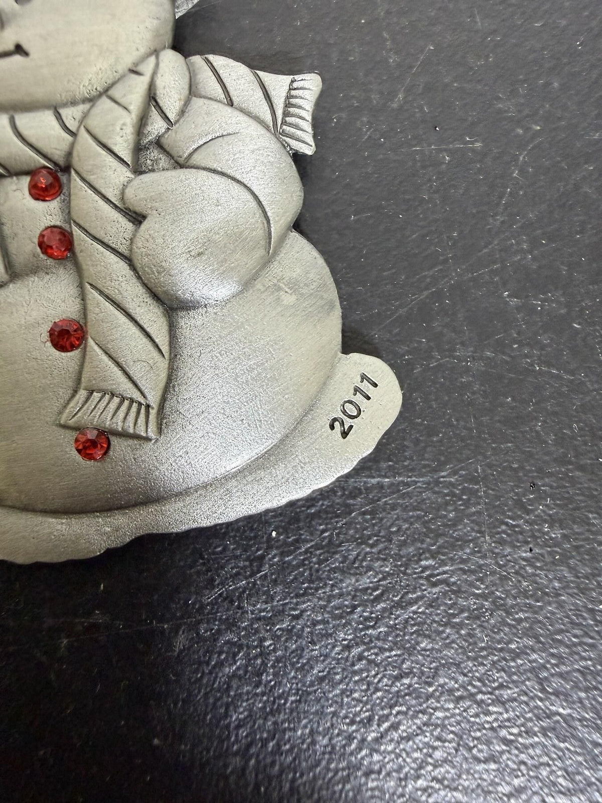 AVON 2011 Snowman Christmas Ornament Pewter Tone Red Tassel - Wormhole Thrift