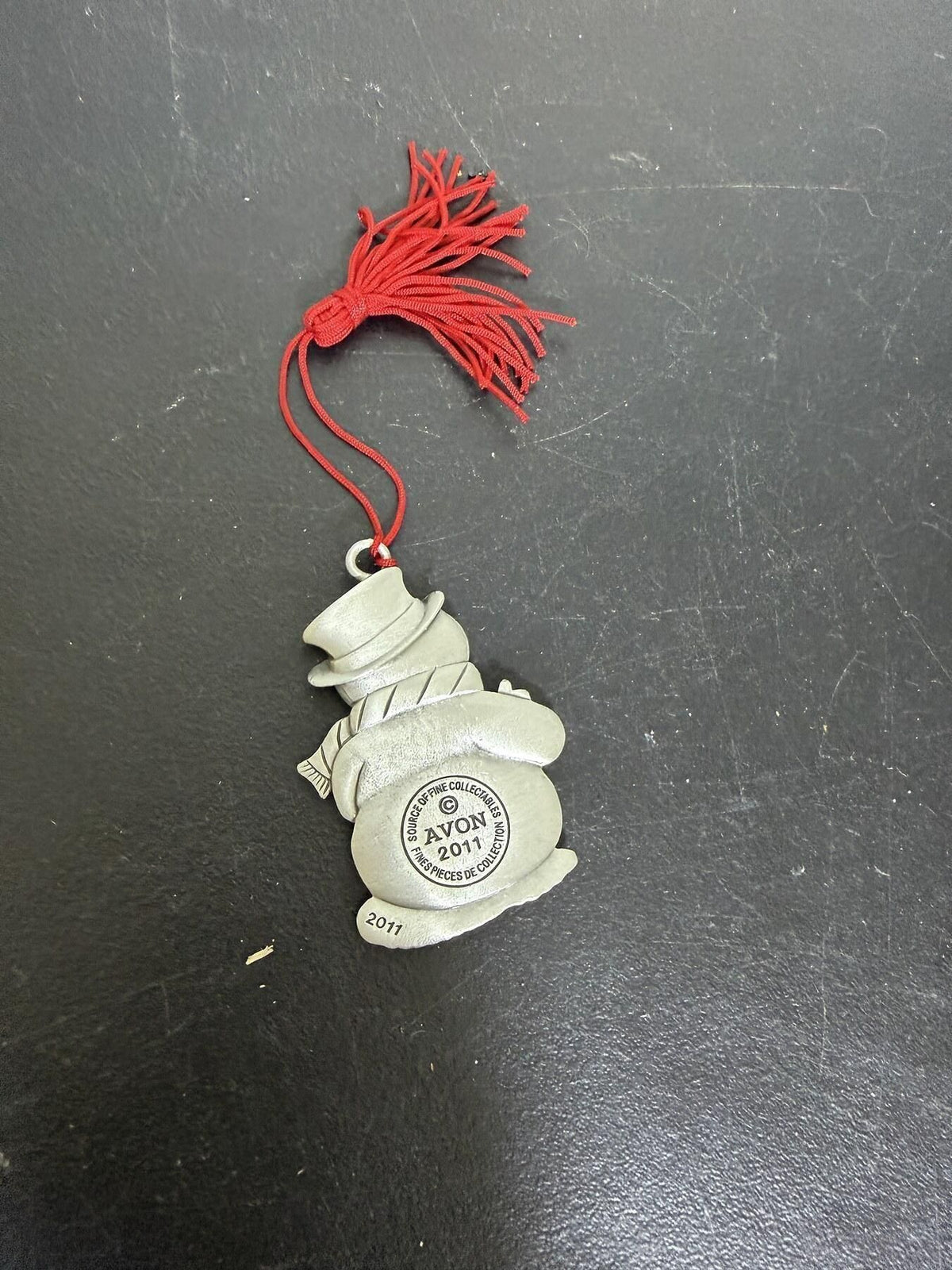 AVON 2011 Snowman Christmas Ornament Pewter Tone Red Tassel - Wormhole Thrift