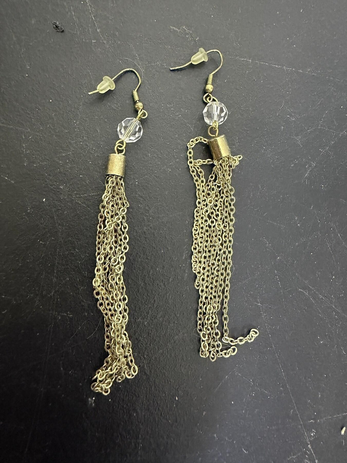 Chain Tassel Earrings with Clear Faceted Bead - Brass Tone - Wormhole Thrift