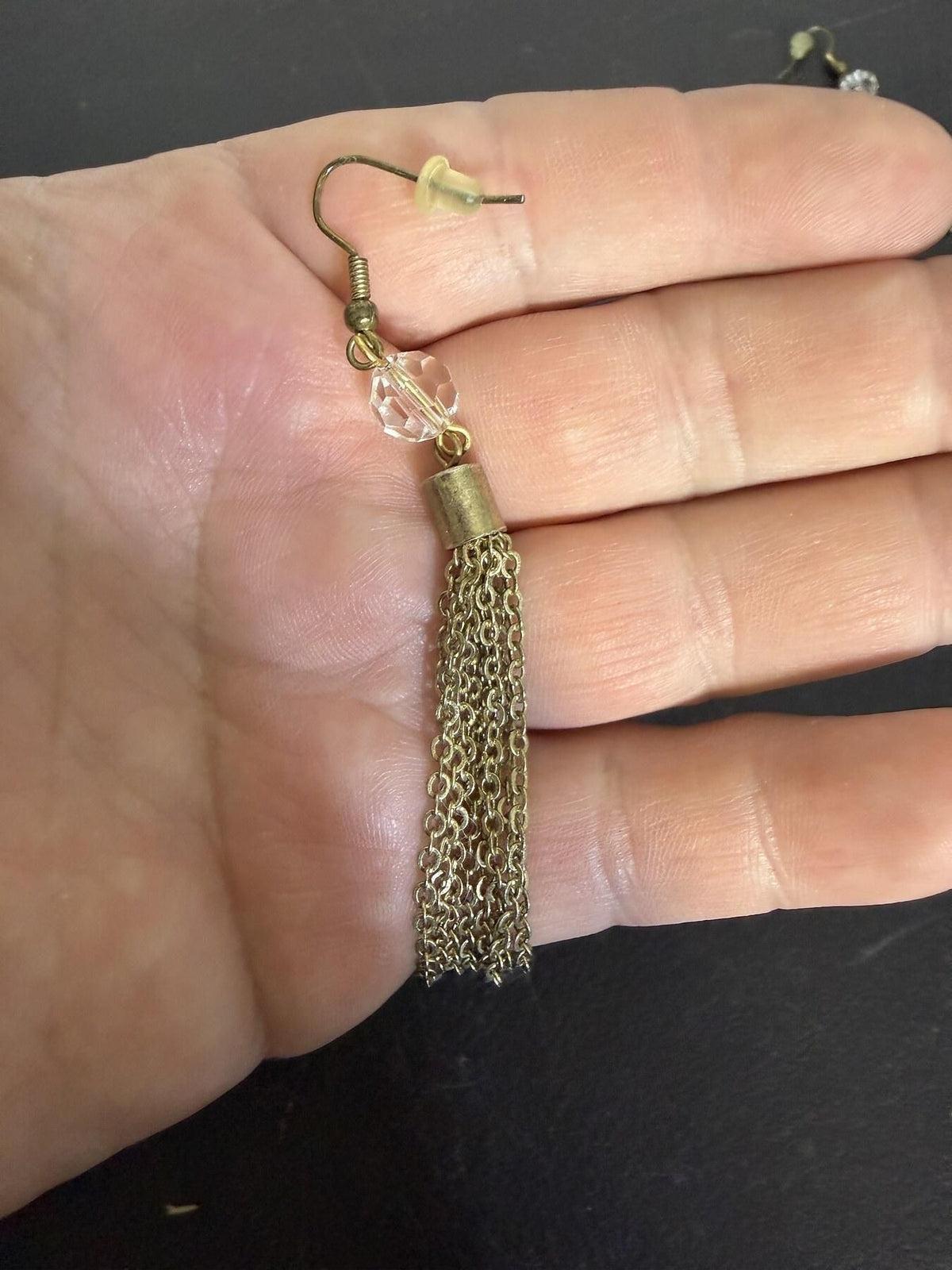 Chain Tassel Earrings with Clear Faceted Bead - Brass Tone - Wormhole Thrift