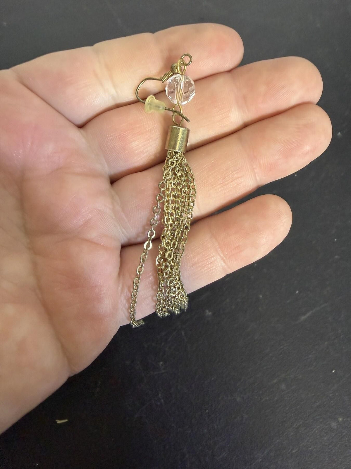 Chain Tassel Earrings with Clear Faceted Bead - Brass Tone - Wormhole Thrift