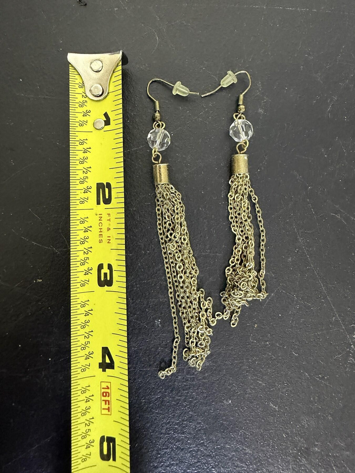 Chain Tassel Earrings with Clear Faceted Bead - Brass Tone - Wormhole Thrift