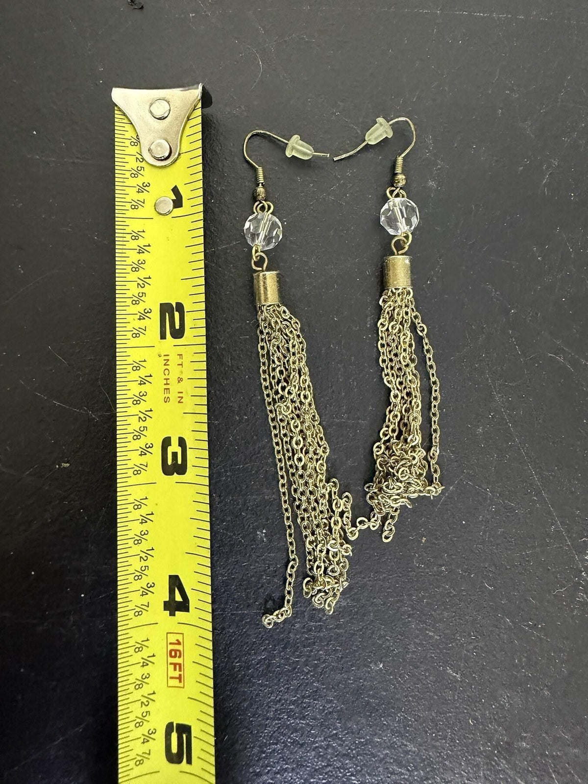 Chain Tassel Earrings with Clear Faceted Bead - Brass Tone - Wormhole Thrift