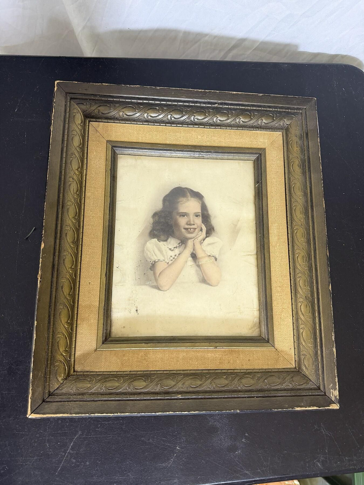 Vintage Framed B&W Photo Portrait Young Girl Ornate Wood Frame - Wormhole Thrift
