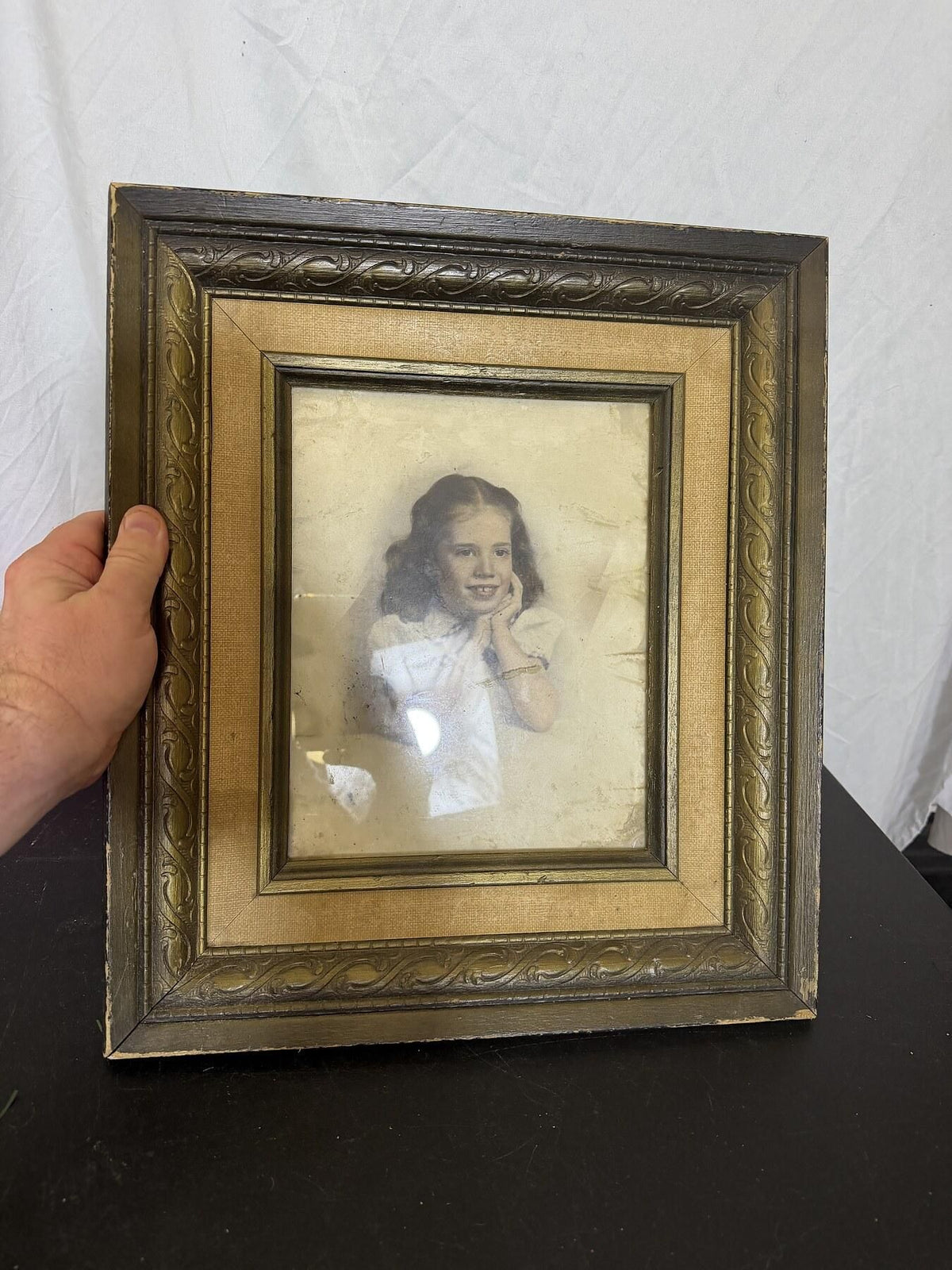 Vintage Framed B&W Photo Portrait Young Girl Ornate Wood Frame - Wormhole Thrift