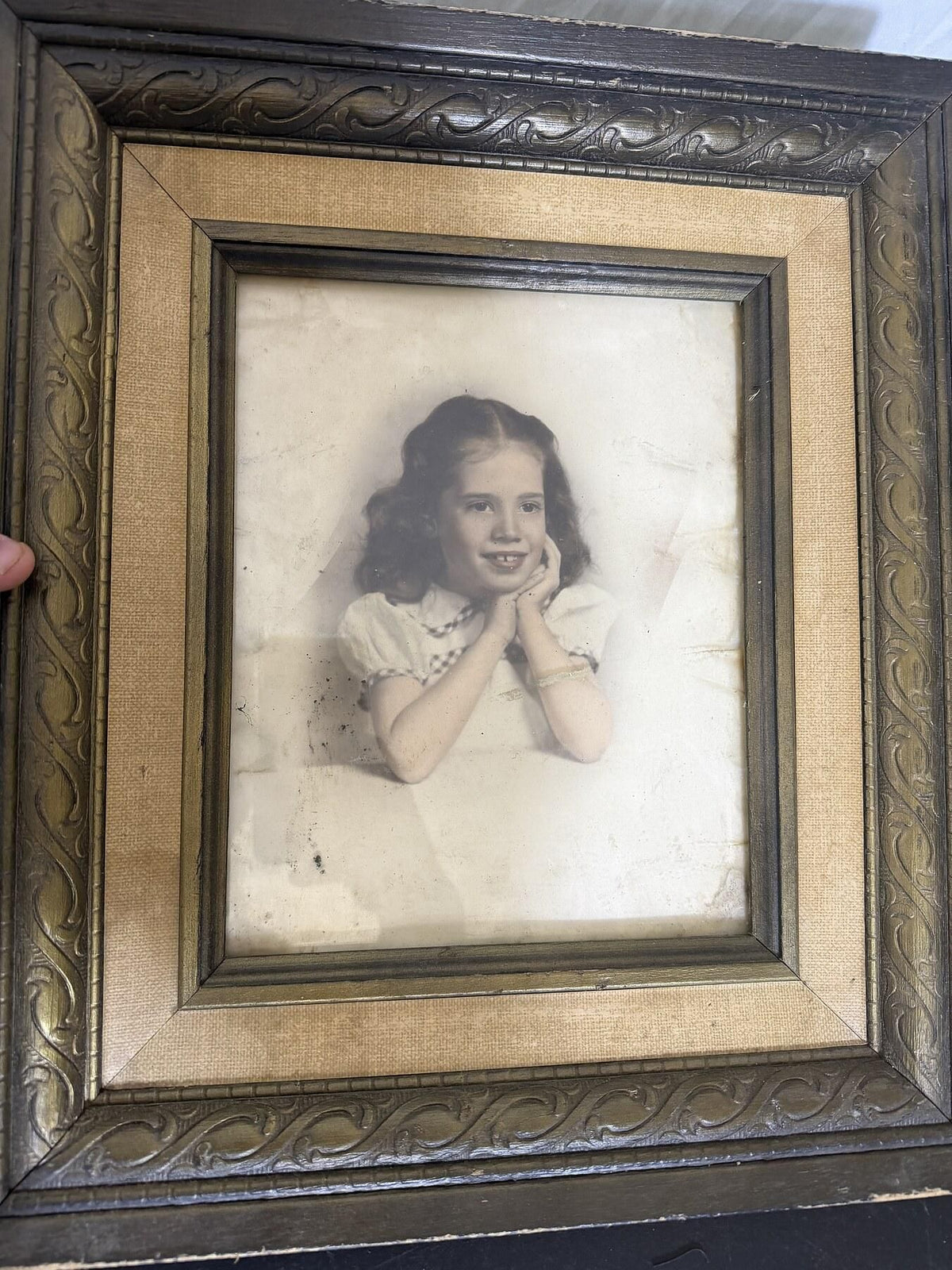 Vintage Framed B&W Photo Portrait Young Girl Ornate Wood Frame - Wormhole Thrift