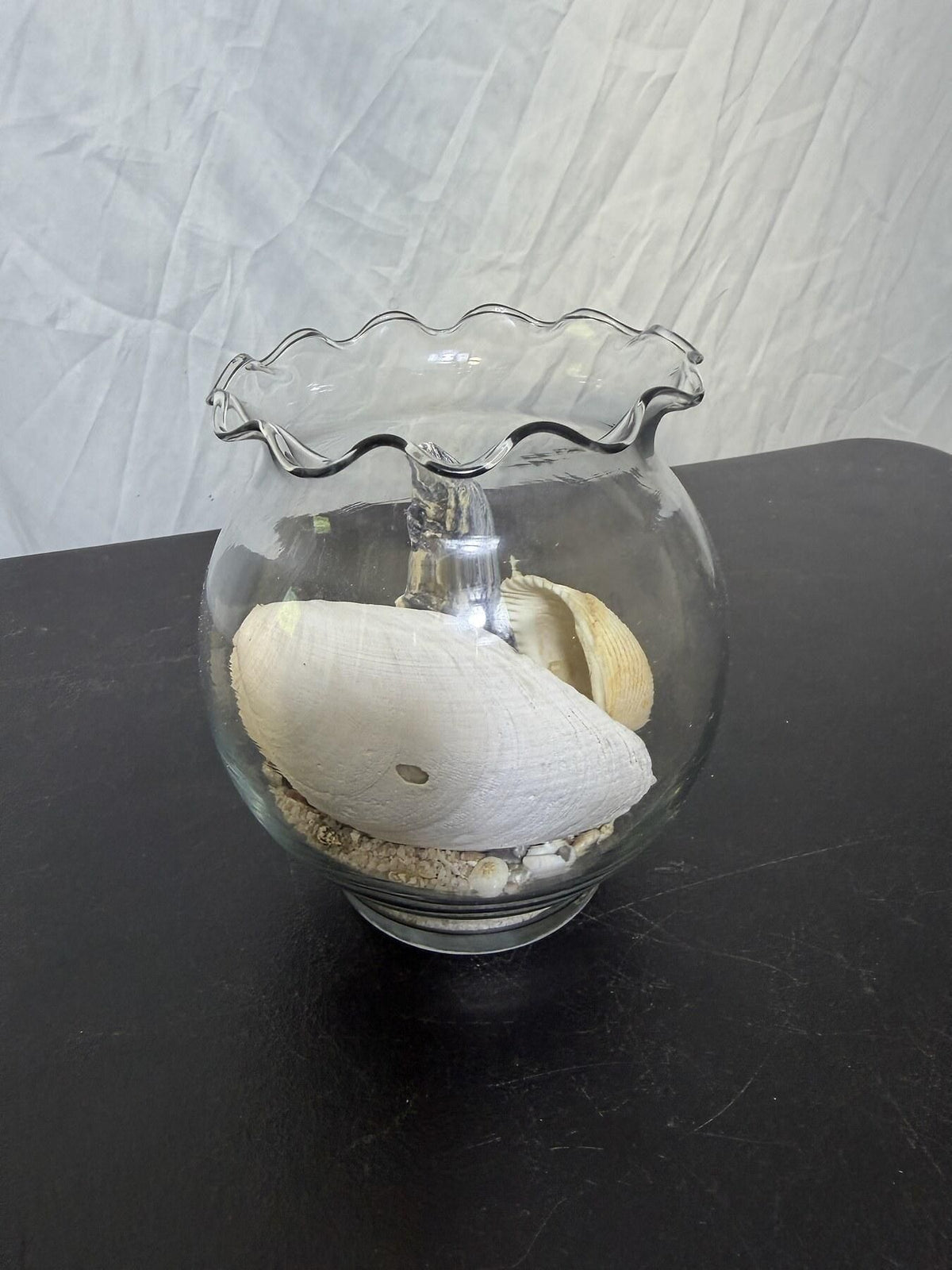 Clear Glass Ruffled Bowl w/ Seashells & Sand Beach Coastal Decor - Wormhole Thrift