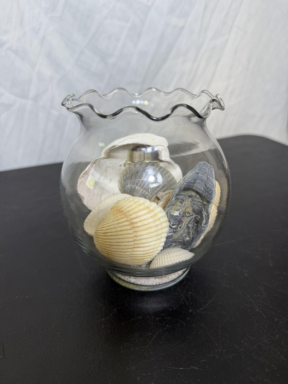 Clear Glass Ruffled Bowl w/ Seashells & Sand Beach Coastal Decor - Wormhole Thrift