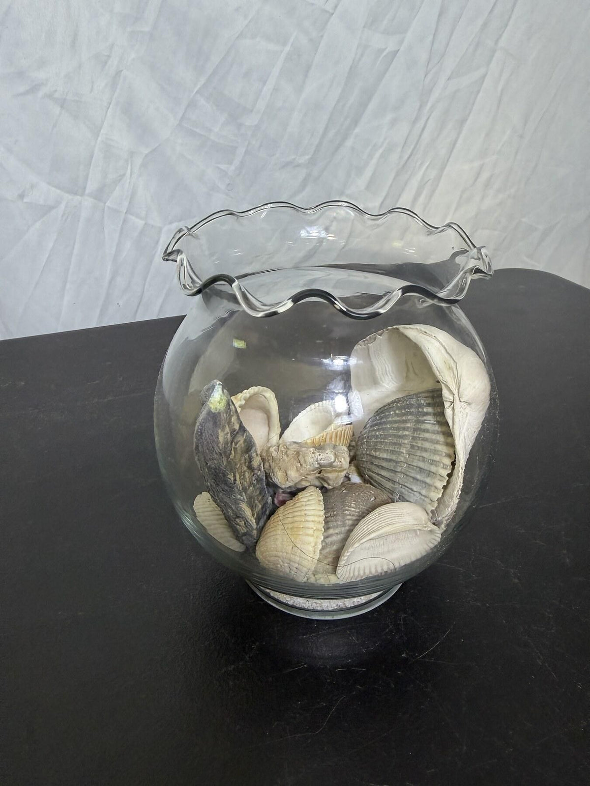 Clear Glass Ruffled Bowl w/ Seashells & Sand Beach Coastal Decor - Wormhole Thrift
