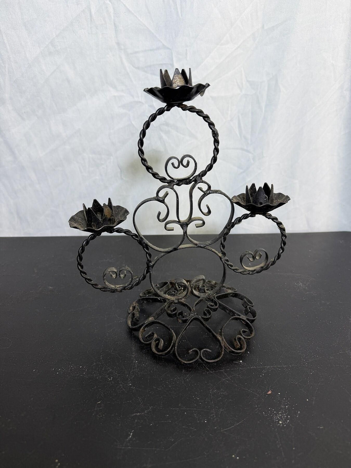 Vintage Black Wrought Iron 3-Candle Candelabra Candle Holder - Wormhole Thrift