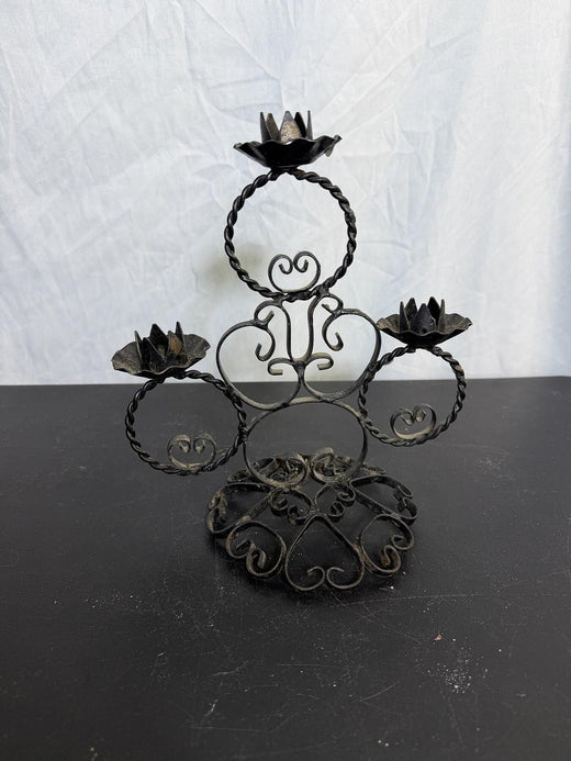 Vintage Black Wrought Iron 3-Candle Candelabra Candle Holder - Wormhole Thrift