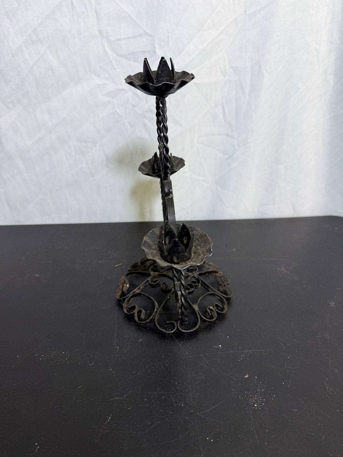 Vintage Black Wrought Iron 3-Candle Candelabra Candle Holder - Wormhole Thrift
