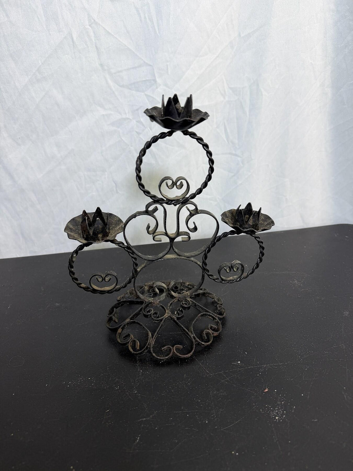 Vintage Black Wrought Iron 3-Candle Candelabra Candle Holder - Wormhole Thrift