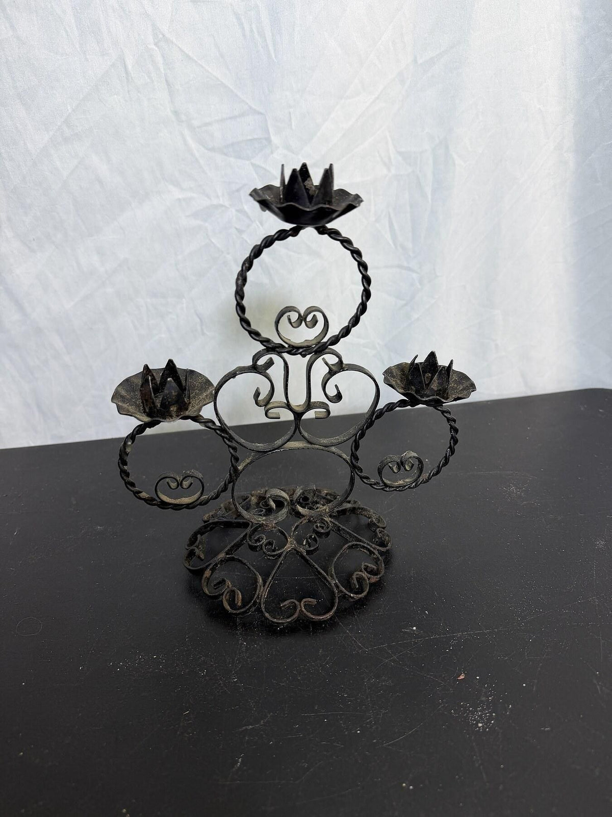 Vintage Black Wrought Iron 3-Candle Candelabra Candle Holder - Wormhole Thrift