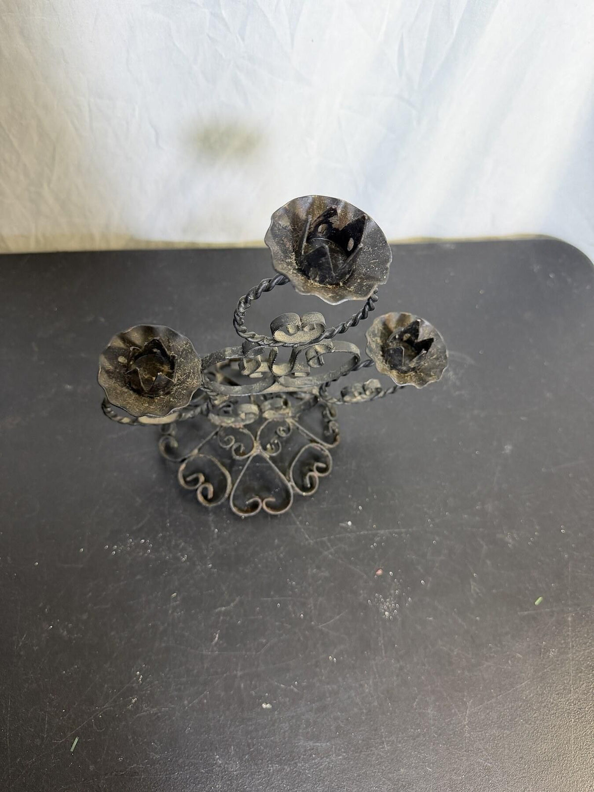 Vintage Black Wrought Iron 3-Candle Candelabra Candle Holder - Wormhole Thrift