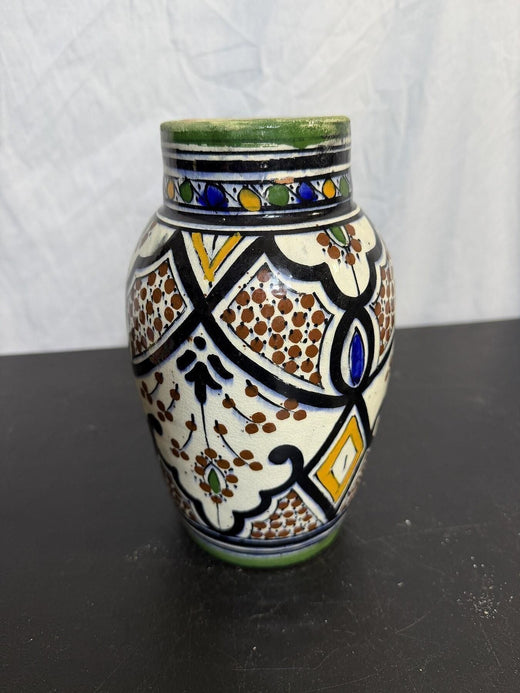 Vintage Hand-Painted Ceramic Pottery Vase Geometric Floral Decor - Wormhole Thrift