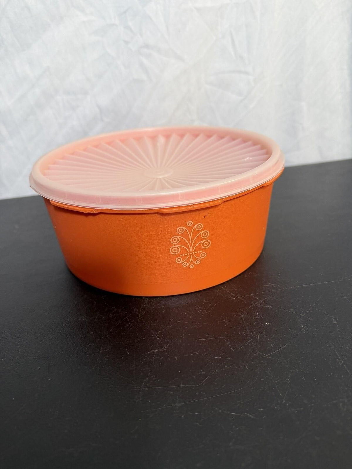 Vintage Tupperware Orange Round Bowl 1204-2 with Lid Floral Scroll - Wormhole Thrift