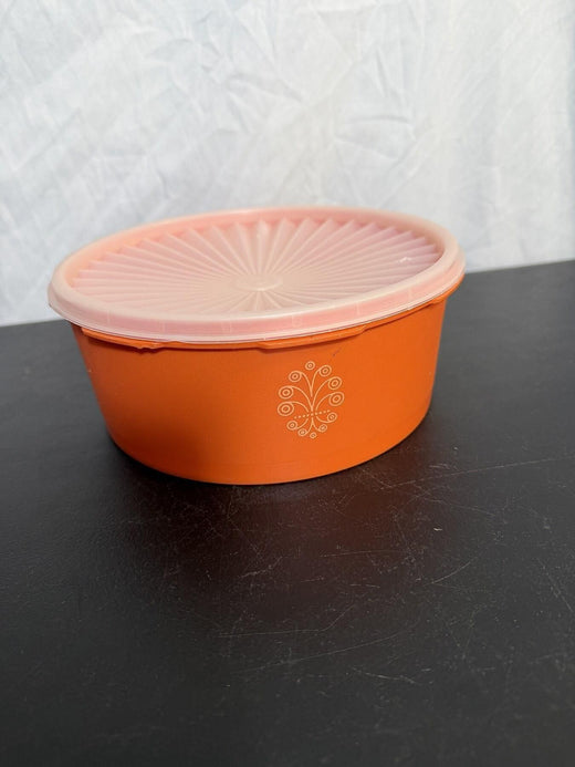 Vintage Tupperware Orange Round Bowl 1204-2 with Lid Floral Scroll - Wormhole Thrift