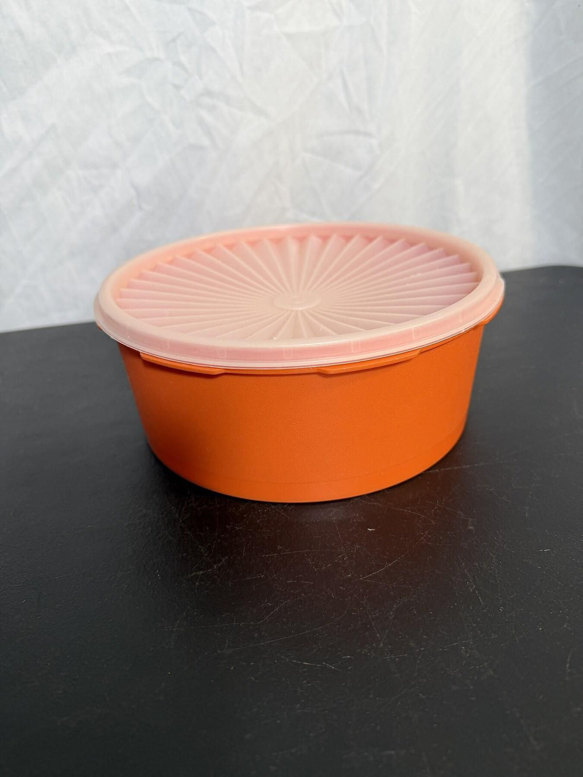 Vintage Tupperware Orange Round Bowl 1204-2 with Lid Floral Scroll - Wormhole Thrift