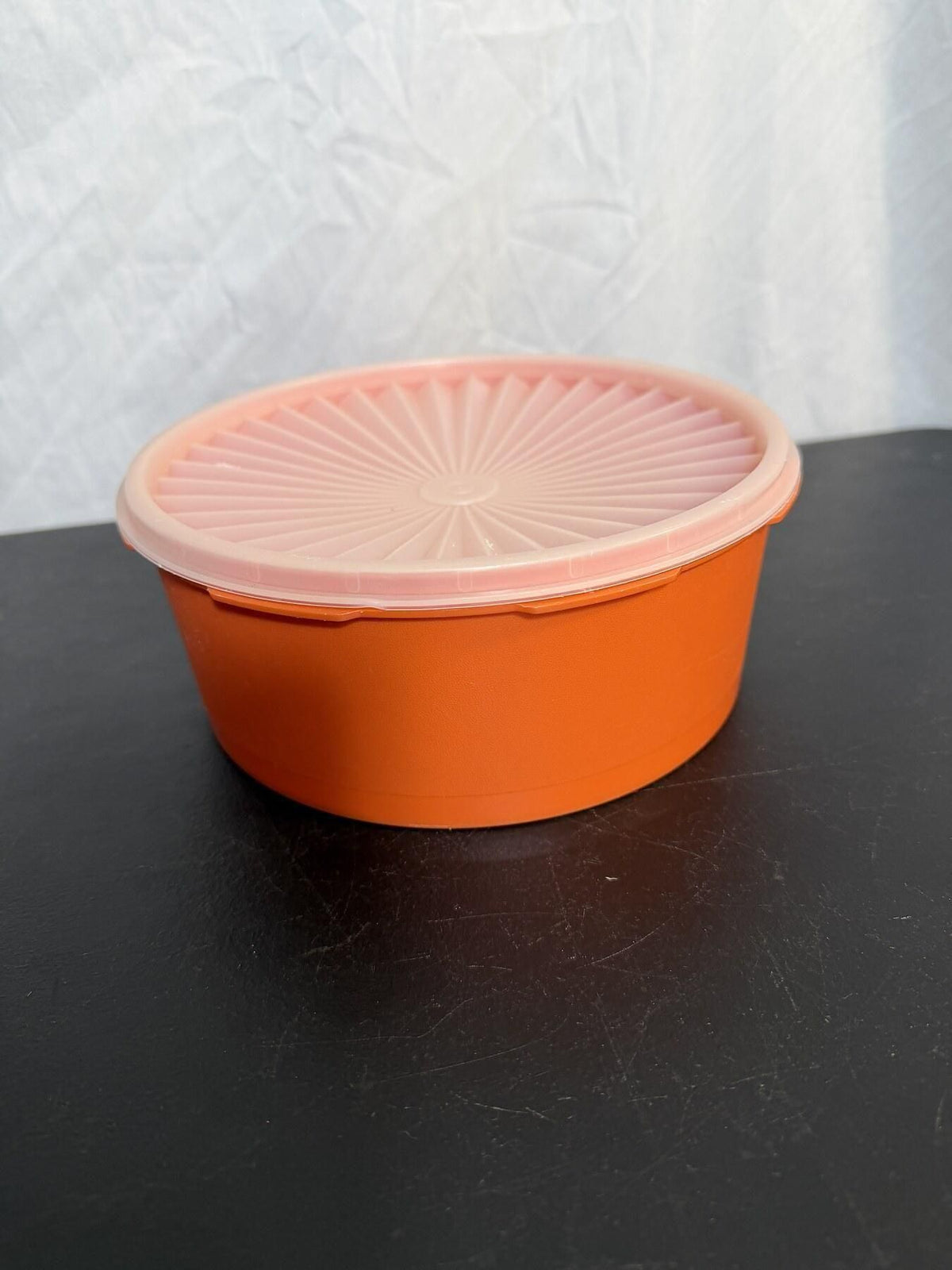Vintage Tupperware Orange Round Bowl 1204-2 with Lid Floral Scroll - Wormhole Thrift