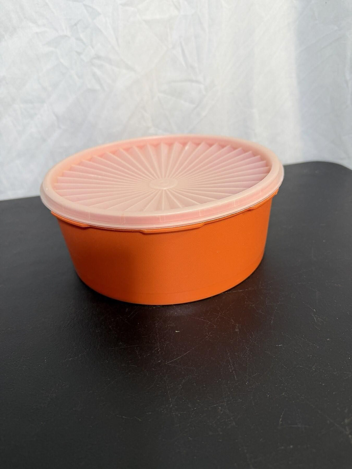 Vintage Tupperware Orange Round Bowl 1204-2 with Lid Floral Scroll - Wormhole Thrift