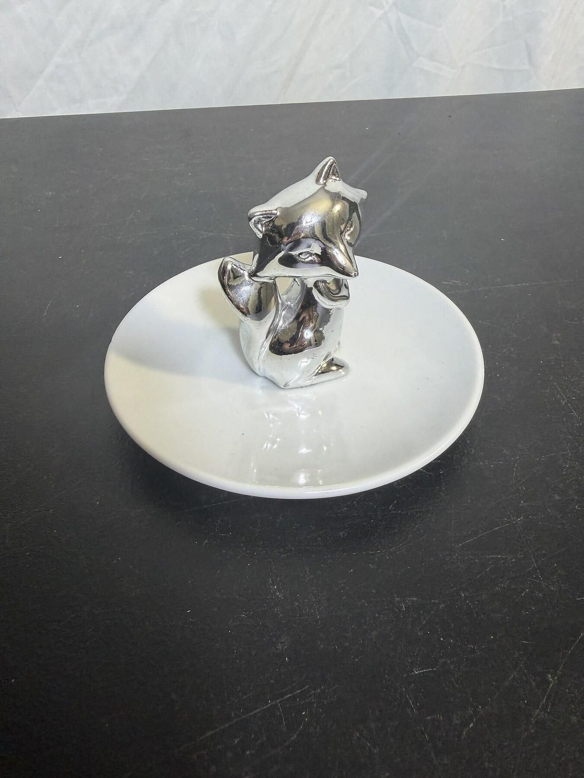 Silver Fox Raccoon Figurine White Ceramic Ring Dish Trinket Tray - Wormhole Thrift