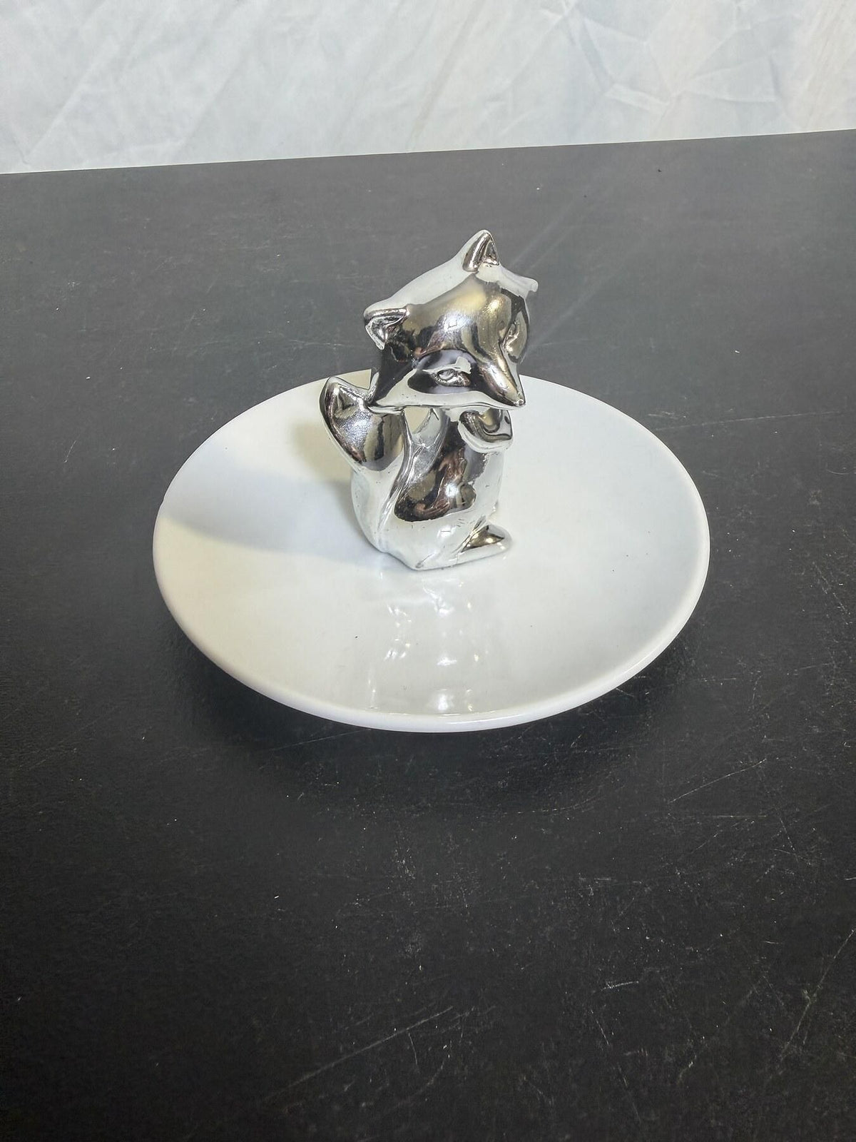 Silver Fox Raccoon Figurine White Ceramic Ring Dish Trinket Tray - Wormhole Thrift