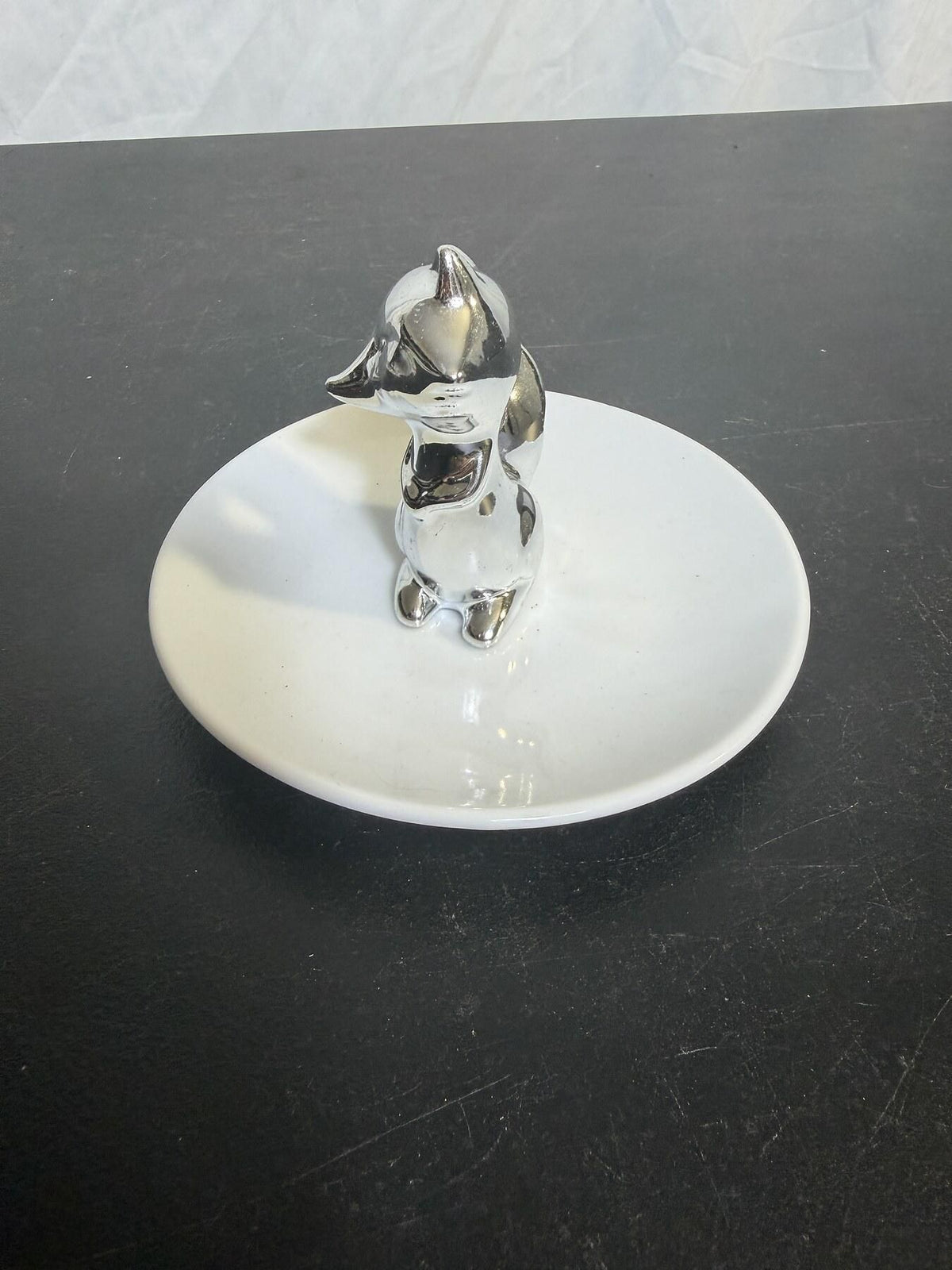 Silver Fox Raccoon Figurine White Ceramic Ring Dish Trinket Tray - Wormhole Thrift