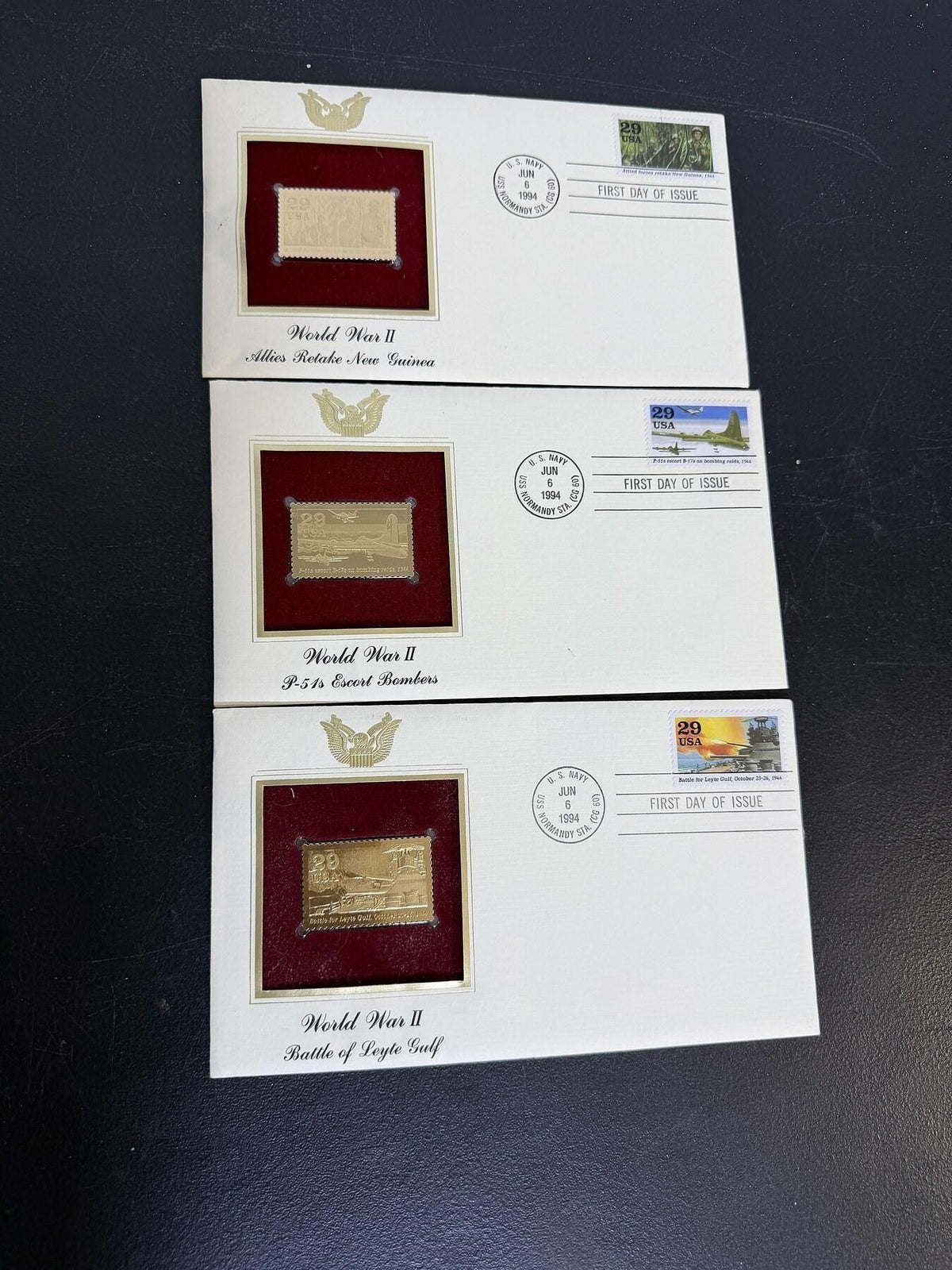Vintage 1994 WWII Gold Stamp Replica First Day Covers - Lot of 3 PCS - Wormhole Thrift
