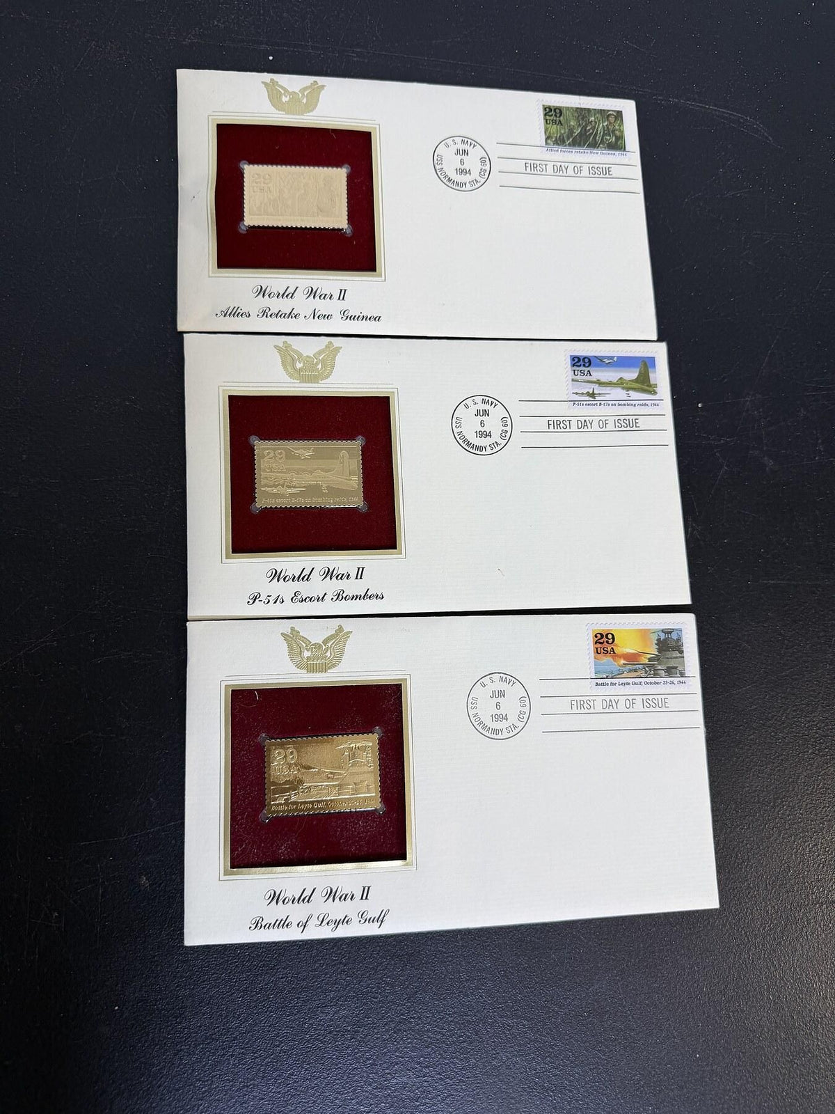 Vintage 1994 WWII Gold Stamp Replica First Day Covers - Lot of 3 PCS - Wormhole Thrift