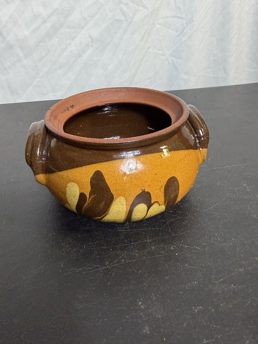 Vintage Ceramic Bean Pot Casserole Dish Brown Yellow Drip Glaze - Wormhole Thrift