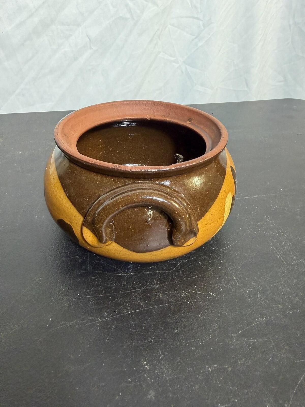 Vintage Ceramic Bean Pot Casserole Dish Brown Yellow Drip Glaze - Wormhole Thrift