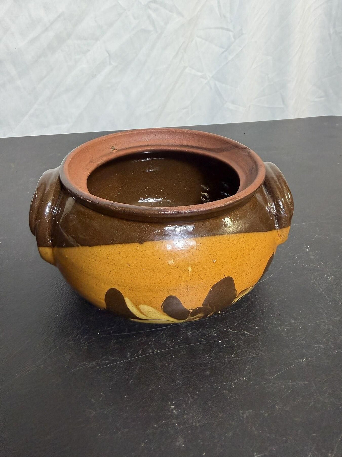 Vintage Ceramic Bean Pot Casserole Dish Brown Yellow Drip Glaze - Wormhole Thrift
