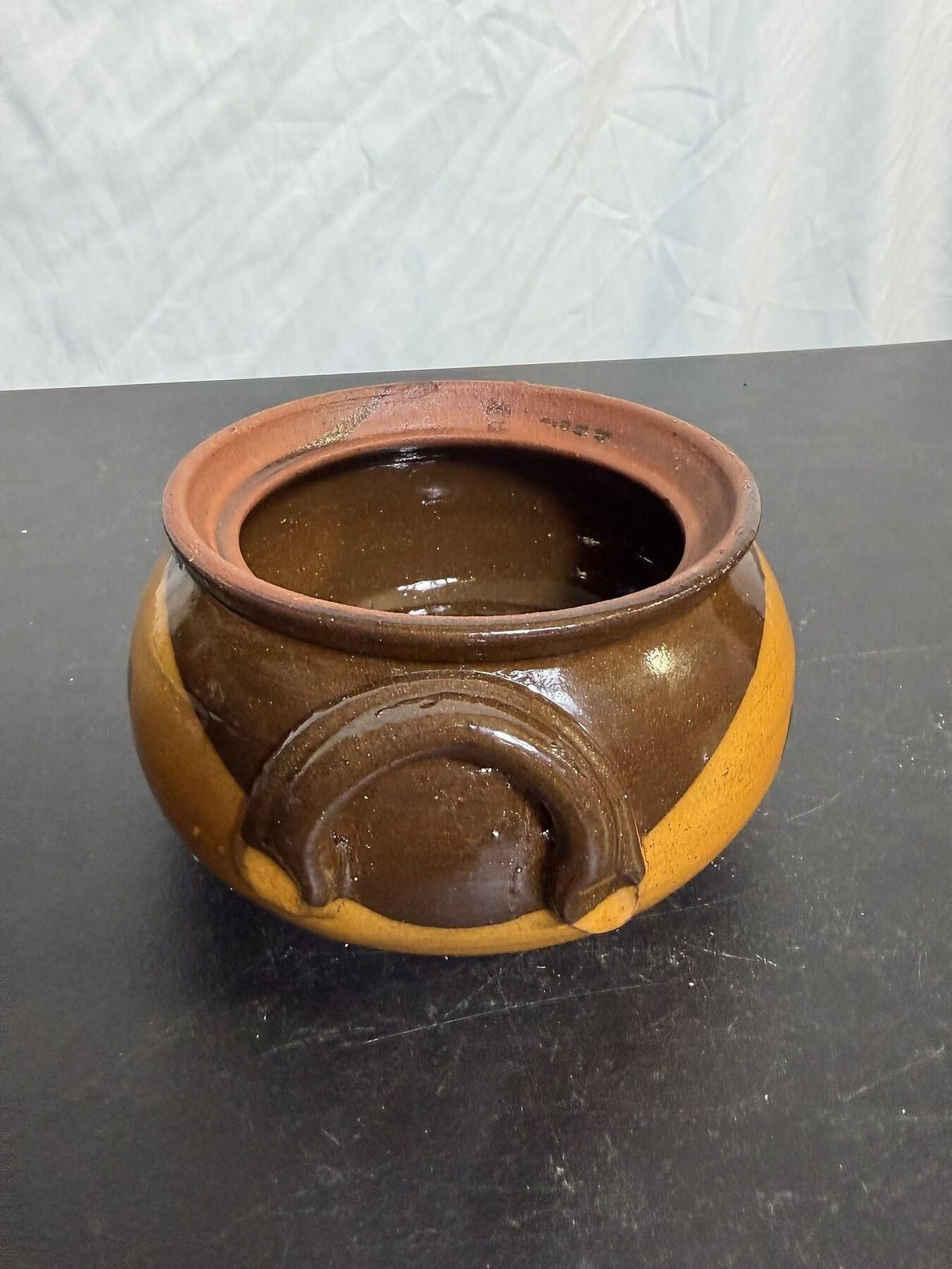 Vintage Ceramic Bean Pot Casserole Dish Brown Yellow Drip Glaze - Wormhole Thrift