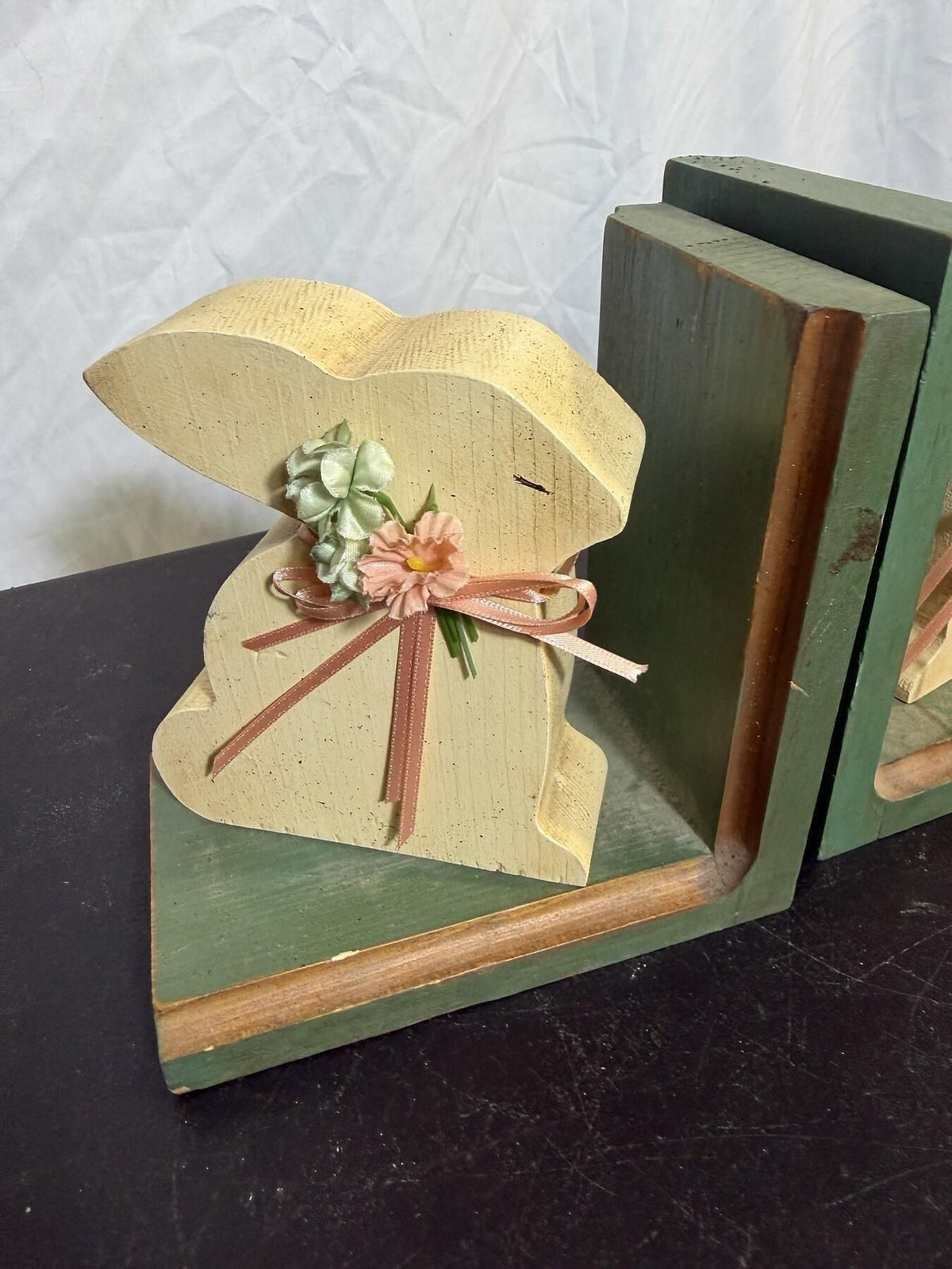 Wooden Bunny Rabbit Bookends Pair w/ Floral Ribbon Accents - Wormhole Thrift