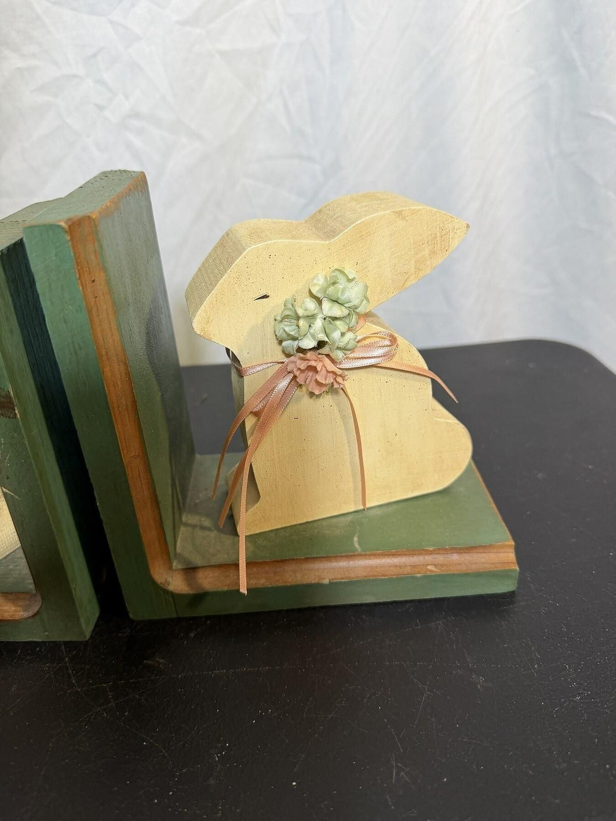 Wooden Bunny Rabbit Bookends Pair w/ Floral Ribbon Accents - Wormhole Thrift