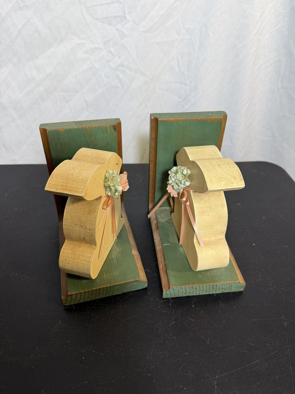 Wooden Bunny Rabbit Bookends Pair w/ Floral Ribbon Accents - Wormhole Thrift