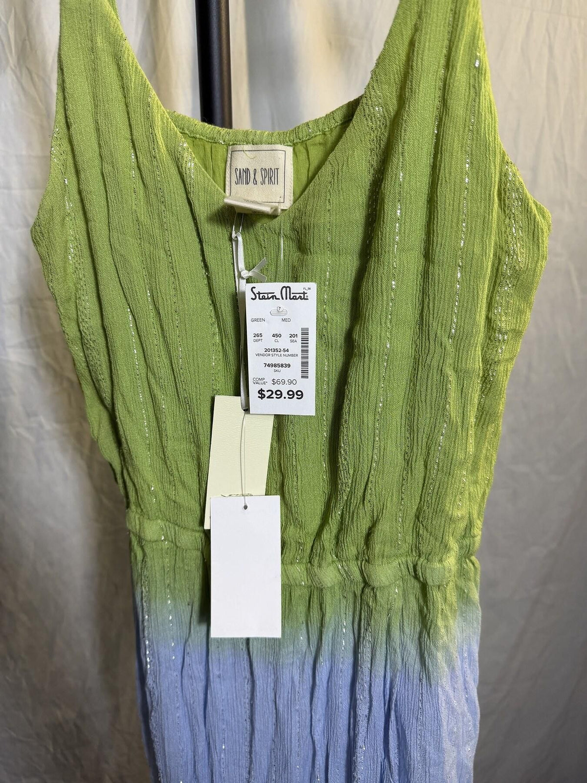 Sand & Spirit Green Blue Ombre Metallic Sleeveless Maxi Dress M NWT - Wormhole Thrift