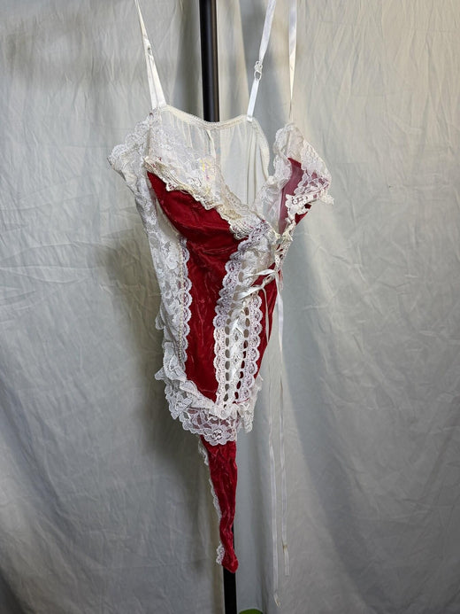 Vintage Frederick's of Hollywood Red Velvet & Lace Teddy Bodysuit L - Wormhole Thrift