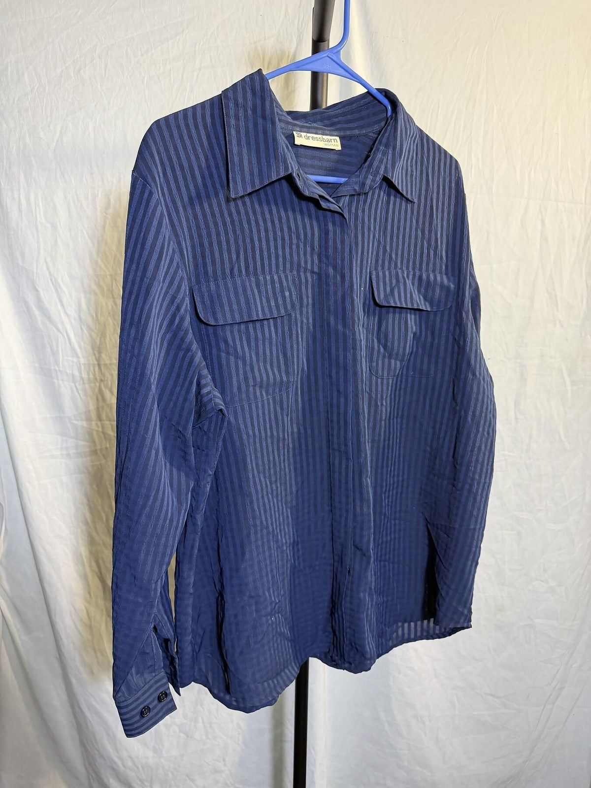 Dressbarn Woman Blue Striped Long Sleeve Button Up Shirt Blouse - Wormhole Thrift