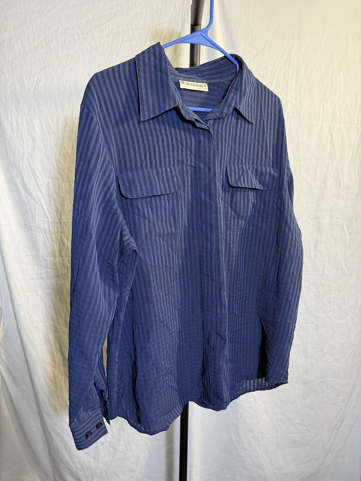 Dressbarn Woman Blue Striped Long Sleeve Button Up Shirt Blouse - Wormhole Thrift