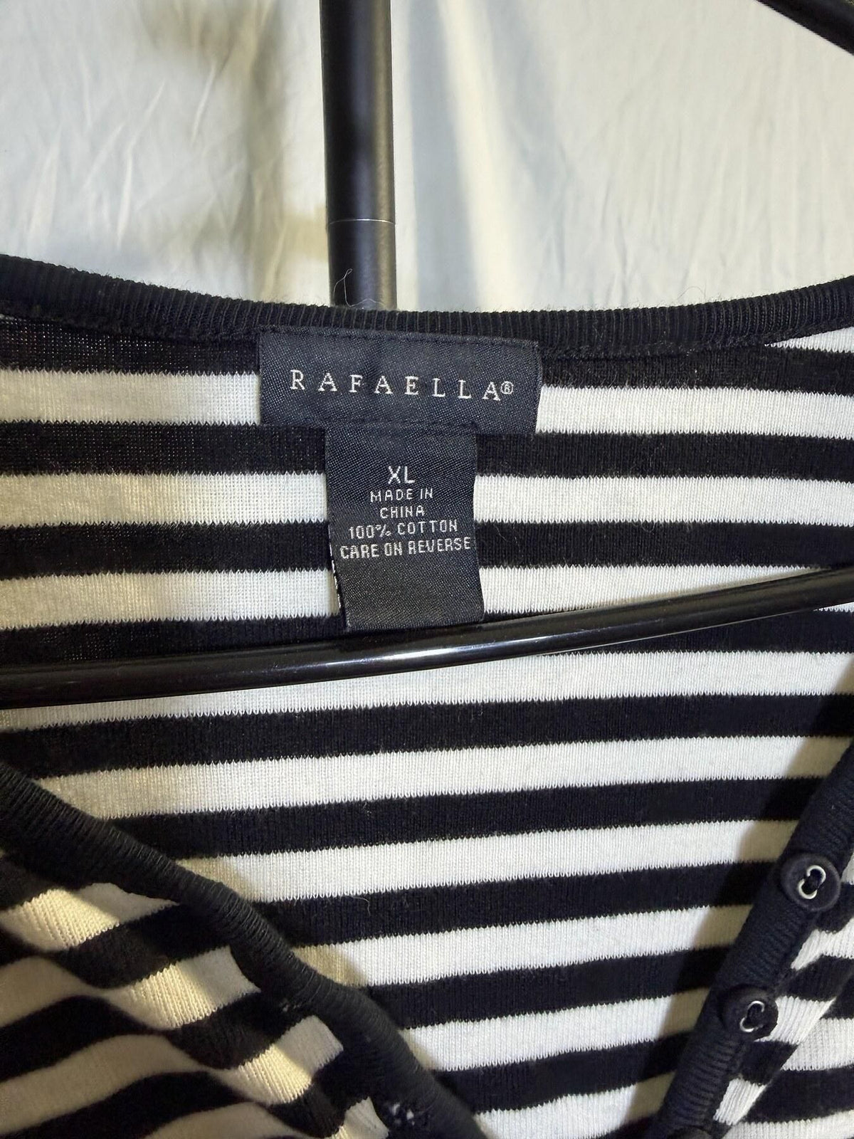 Rafaella Women's XL Black White Stripe Henley V-Neck Long Sleeve Shirt - Wormhole Thrift