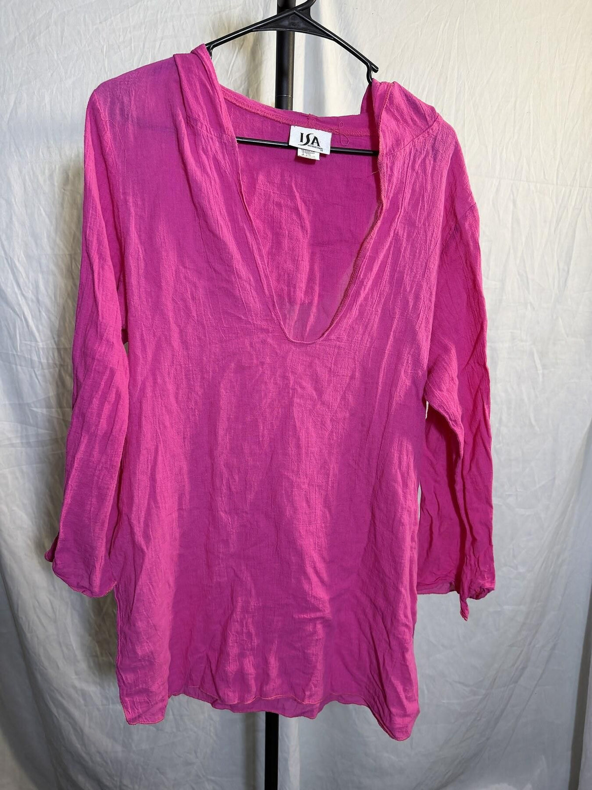 Vintage ISA International Pink Crinkle Cotton Hooded Tunic Top Large - Wormhole Thrift
