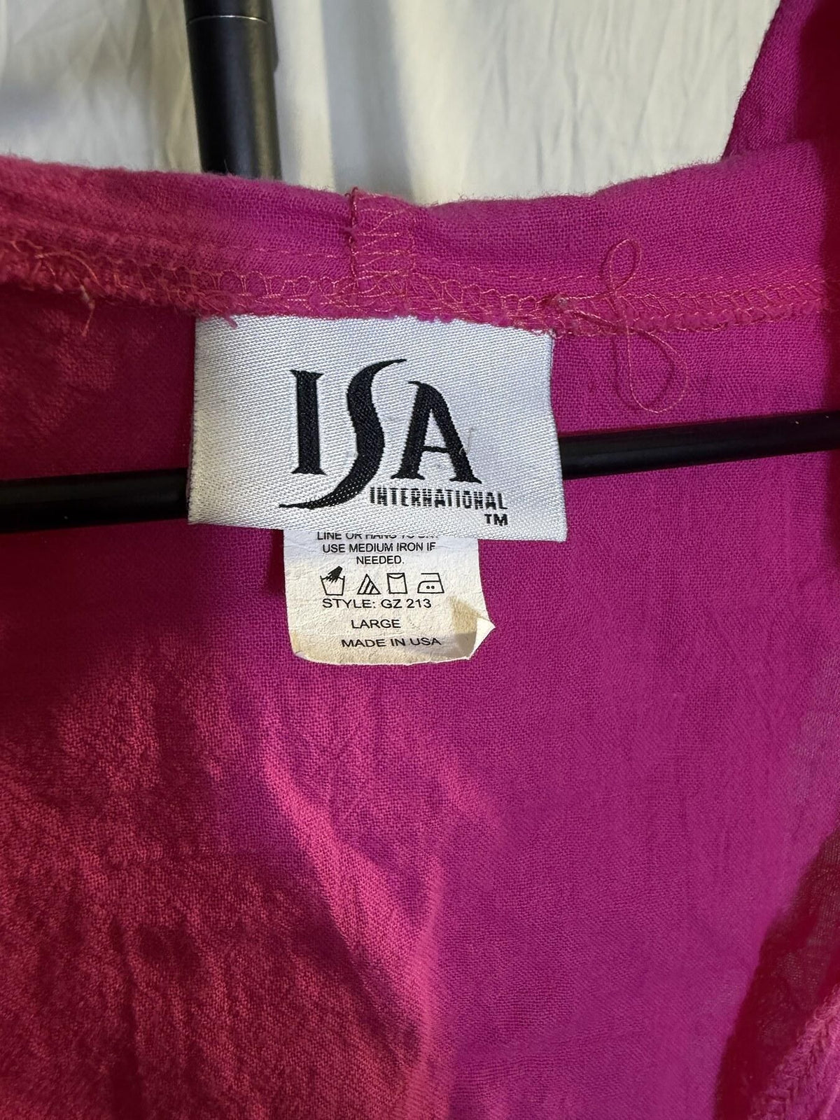 Vintage ISA International Pink Crinkle Cotton Hooded Tunic Top Large - Wormhole Thrift