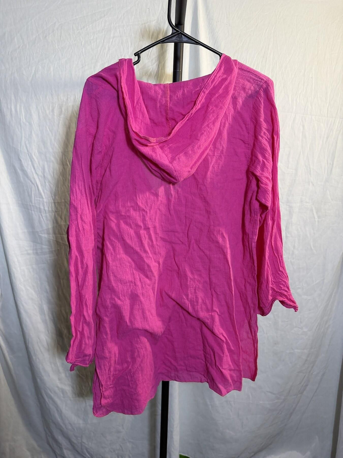 Vintage ISA International Pink Crinkle Cotton Hooded Tunic Top Large - Wormhole Thrift